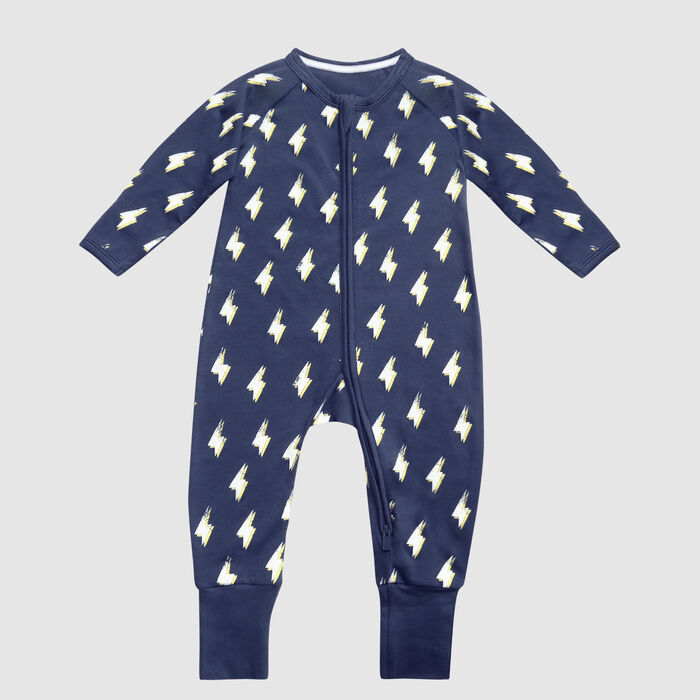 Dim Baby pyjamas with zip, dark grey cotton stretch with herringbone lightning print, , DIM
