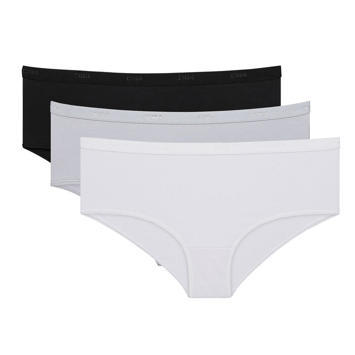 Pack of 3 pairs of Les Pockets Coton boyshorts in black/white/grey, , DIM