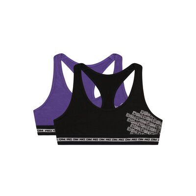 2er-Pack violetter/schwarzer Mädchen-Sport-BH aus Stretch-Baumwolle mit Metallic-Print - DIM Sport, , DIM