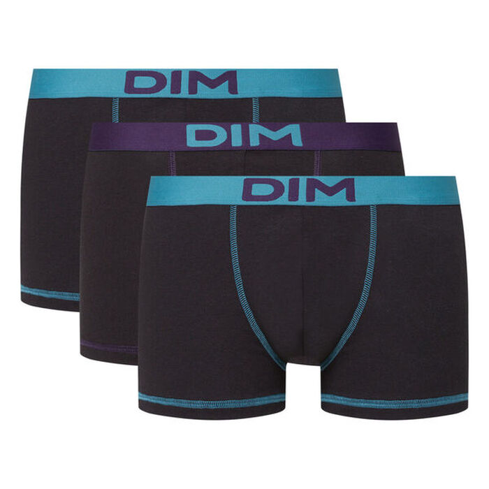 Mix and Colours pack of 3 black cotton trunks with colourful waistband in green and purple, , DIM