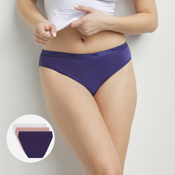 Pack of 3 women's knickers in cotton Violet Beige White Les Pockets EcoDim, , DIM