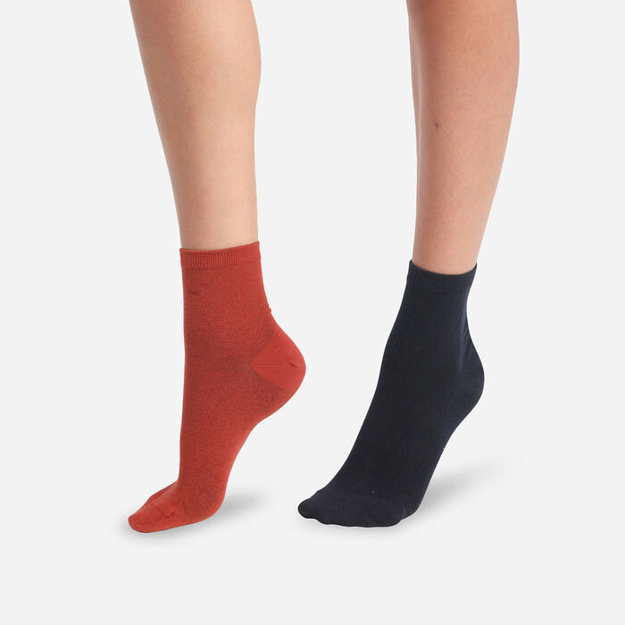Pack of 2 Pairs of Women's Tartan Blue Cotton Basic Socks, , DIM