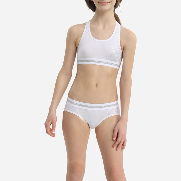 Dim Sport Girl's stretch cotton shorty white with silver print, , DIM