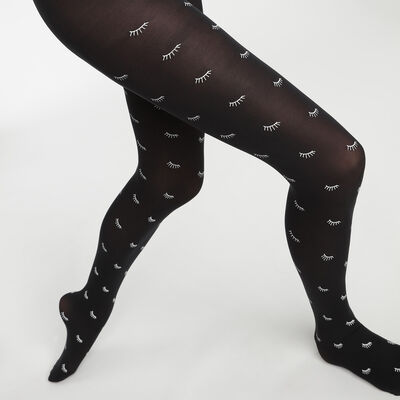 Woman's opaque Black Dim Style tights with a white wink pattern, , DIM