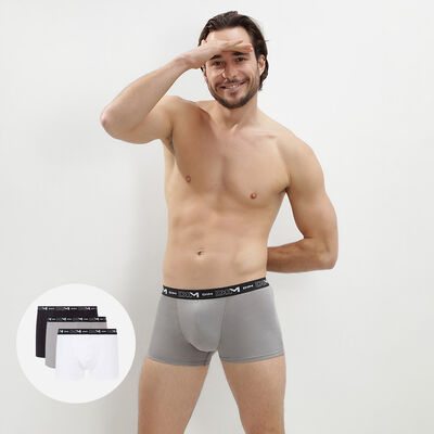 Pack of 3 pairs of black, grey and white stretch cotton trunks for men, , DIM