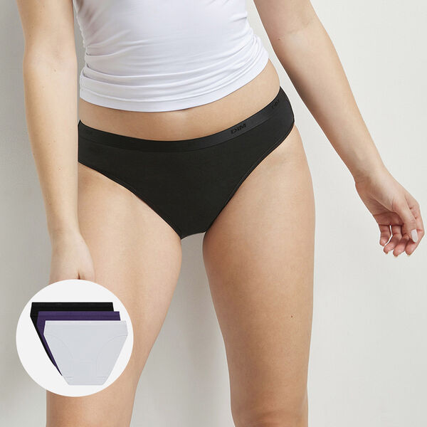 Pack of 3 women's knickers in cotton White Purple Black Les Pockets EcoDim