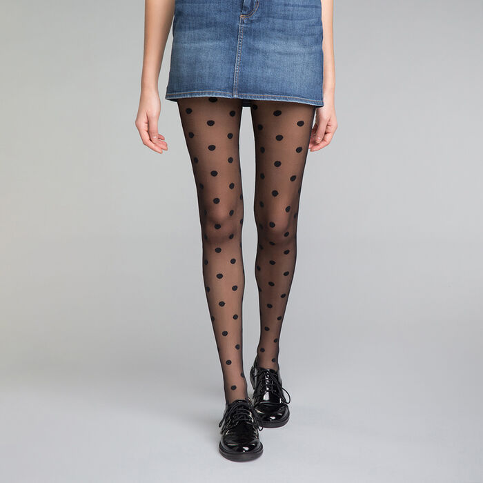 Dim Style women's 19D black sheer tights with big polka dots, , DIM