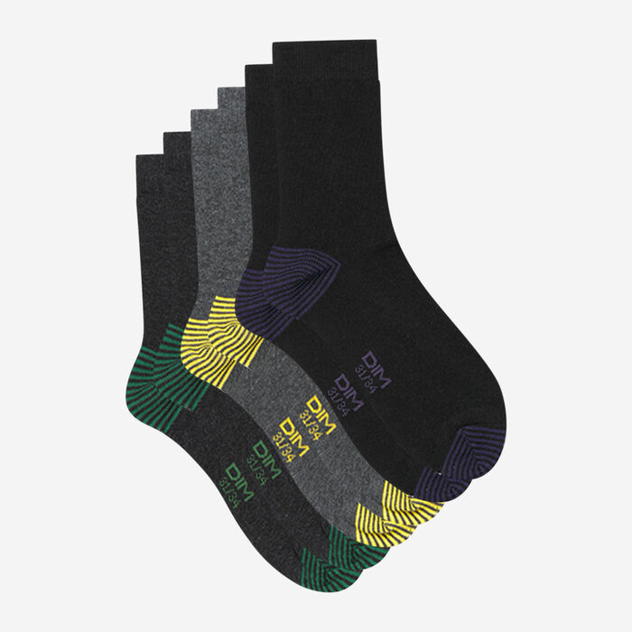 Pack of 3 children's socks with colored ends Gray Cotton Style, , DIM