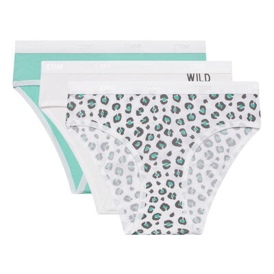 Pack of 3 girls' White Mint Les Pockets stretch cotton knickers with a leopard print, , DIM