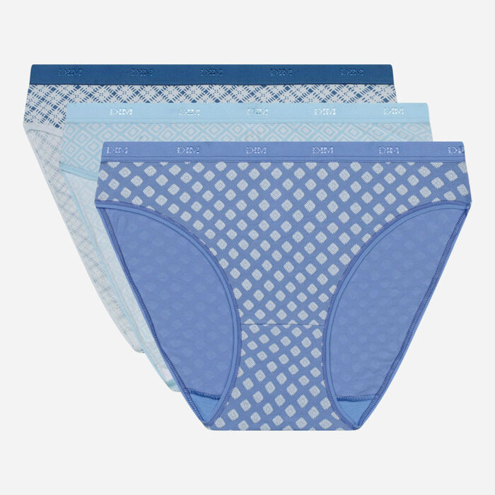 Pack of 3 blue stretch cotton briefs with geometric patterns Les Pockets, , DIM