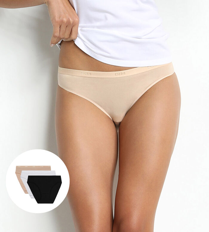 Pack of 3 pairs of Les Pockets Coton knickers in white/nude/black, , DIM