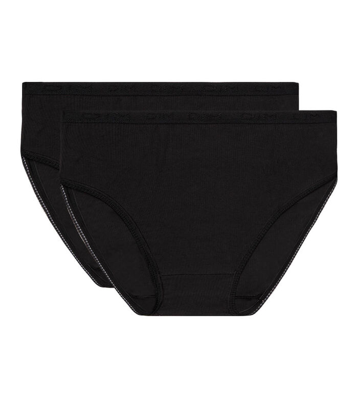 Pack of 2 pairs of Pur Coton high rise bikini knickers in black, , DIM