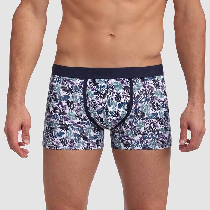 Mix and Fancy stretch cotton trunks in palm tree print with contrast stitching, , DIM