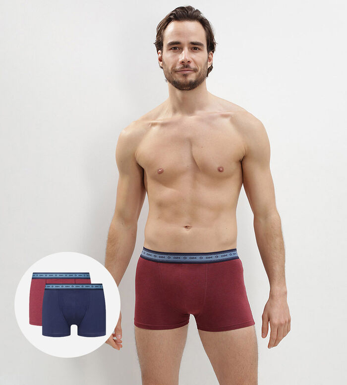 Green by Dim pack of 2 men's organic stretch cotton trunks in wine red and denim blue, , DIM