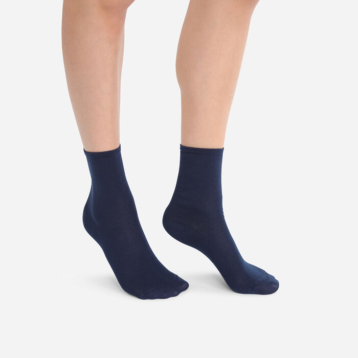 Pack of 2 pairs of women's navy blue mercerized cotton socks, , DIM