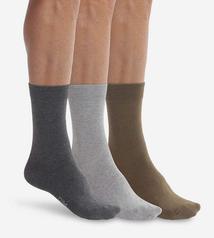 Pack of 3 pairs of men's socks grey Khaki Dim Basic Cotton, , DIM