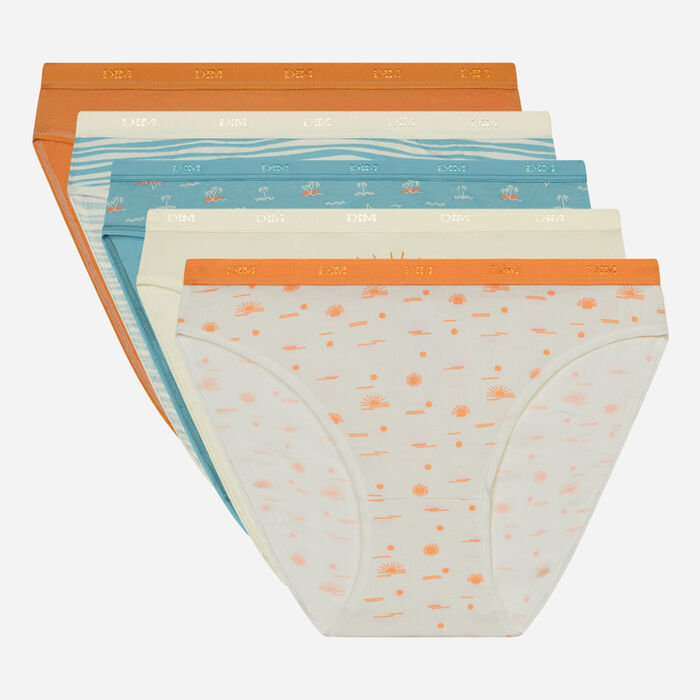 Pack of 5 Les Pockets Sand cotton briefs with seaside motifs, , DIM