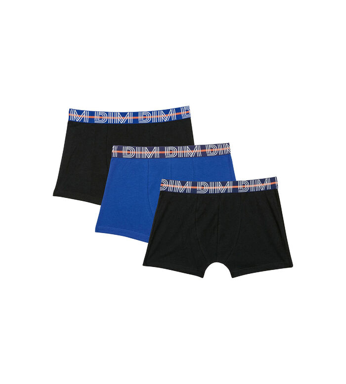 EcoDim Pack of 3 blue boy's stretch cotton boxers with contrasting waistband, , DIM