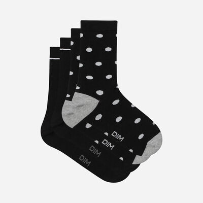 Pack of 2 pairs of black cotton style women's socks with polka dots, , DIM