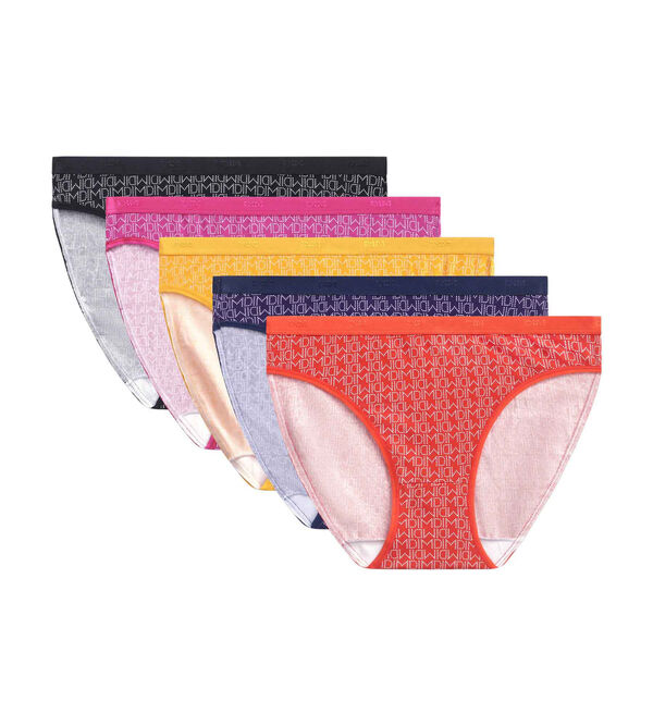 Pack of 5 women's briefs in multicoloured stretch cotton logomania