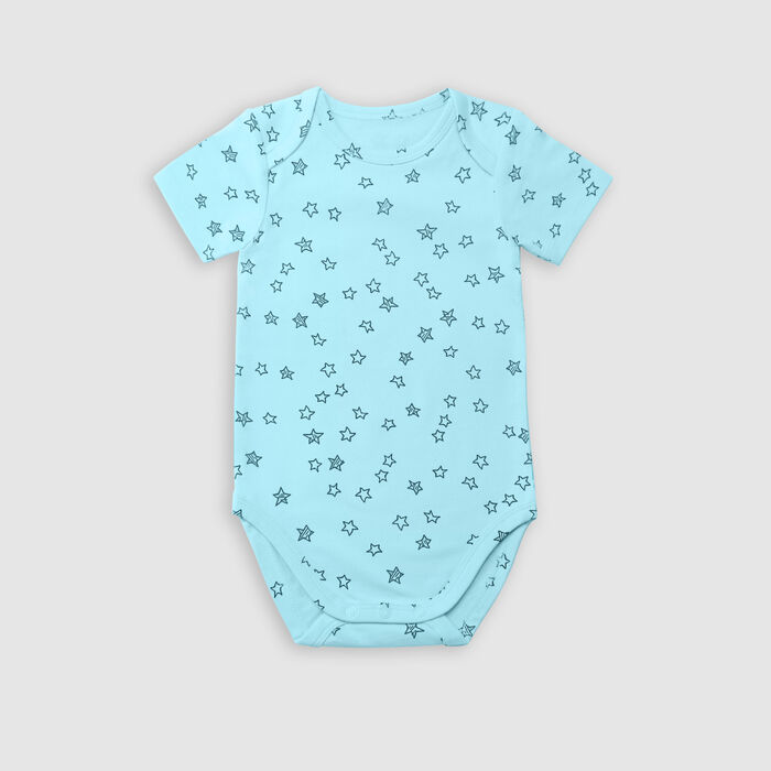 Dim Baby Blue Pack of 3 organic cotton short-sleeved bodysuit with stars, , DIM