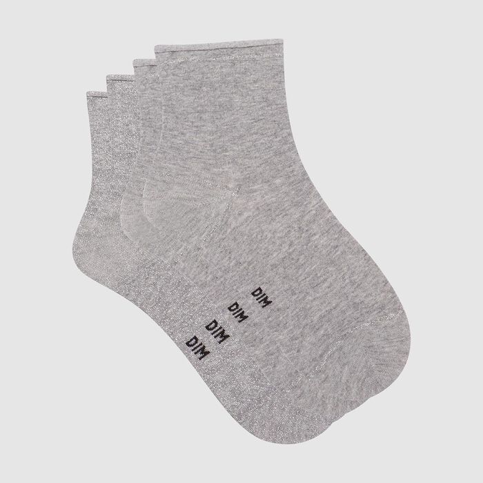 Cotton Style pack of 2 pairs of ankle socks in grey cotton and silver lurex , , DIM