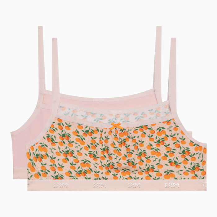 Pack of 2 girls' pink cotton bralettes with clementine motifs Les Pockets, , DIM