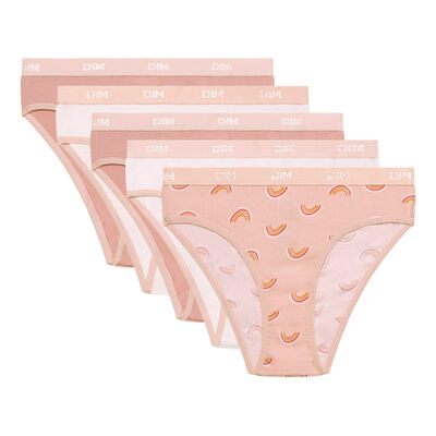 Pack of 5 girls' Pink Les Pockets stretch cotton knickers with a rainbow pattern, , DIM