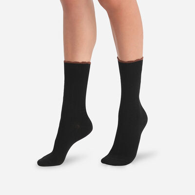 Dim Women's wool socks with fancy band in Black Cinammon colour, , DIM