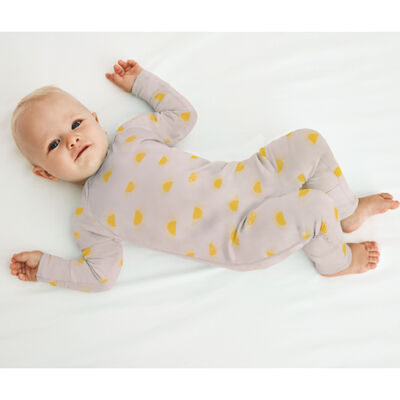 Dim Baby Zip-up baby pyjama in beige organic cotton sun print, , DIM