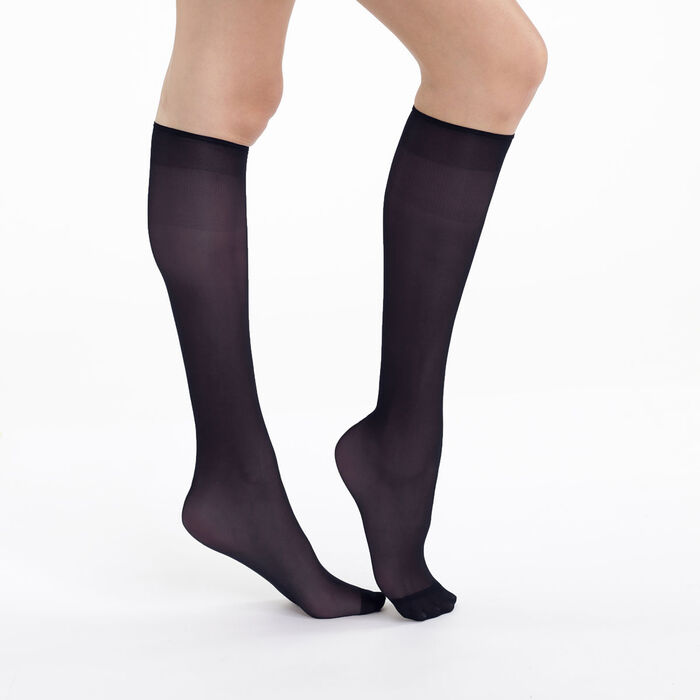 Pack of 2 Sublim Voile Brillant 15 sheer knee highs with a satin sheen in navy, , DIM