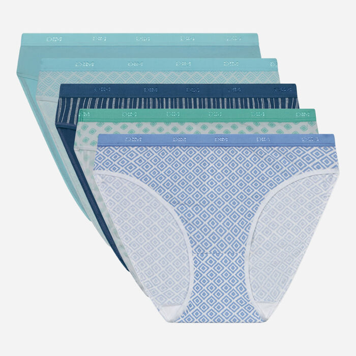 Pack of 5 blue cotton briefs with geometric patterns Les Pockets, , DIM