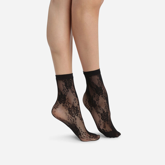 Women's Black Dim Style sheer fishnet and lace ankle socks, , DIM