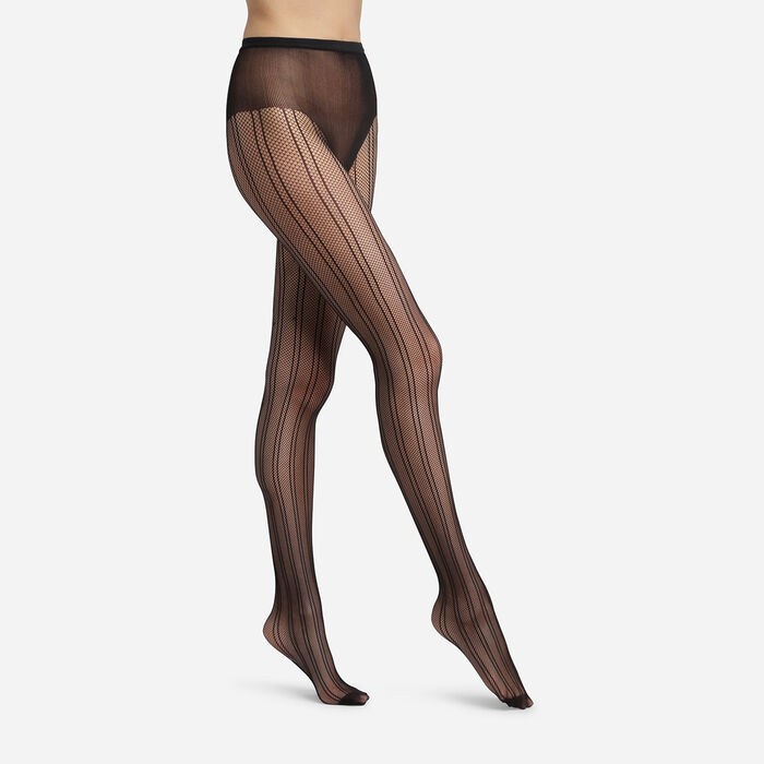 Women's 20d Black Dim Style sheer tights with a striped pyjama pattern, , DIM