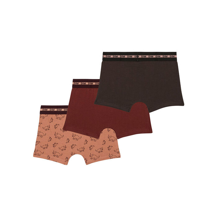 Fashion Cotton Stretch Pack of 3 Burgundy boys' boxers with dinosaur pattern, , DIM