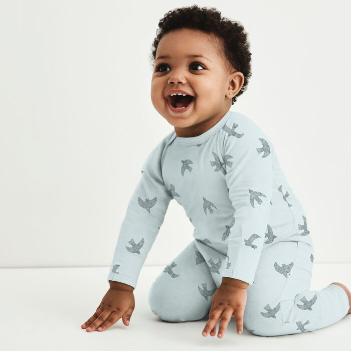 Cremeblauer Baby-Pyjama mit Reißverschluss und Vögelchen aus Bio-Baumwolle - DIM ZIPPY®. , , DIM