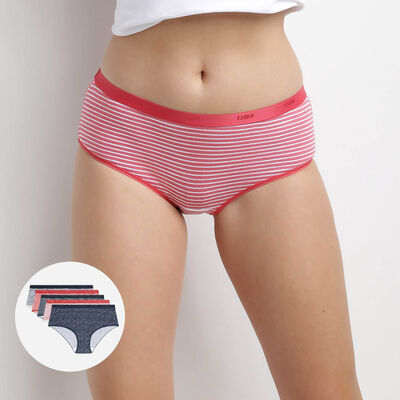 Les Pockets Pack of 5 women's stretch cotton boxers with blue and red stripes, , DIM