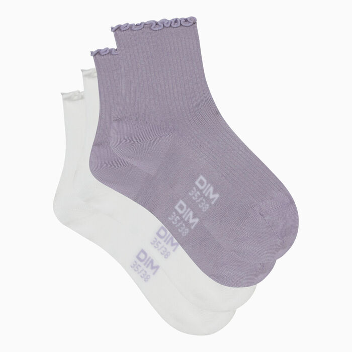 Pack of 2 pairs of women's socks with ruffles White Lavender Dim Modal, , DIM