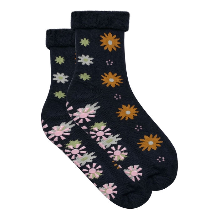 Children's Blue Cotton Style non-slip socks with a daisy pattern, , DIM