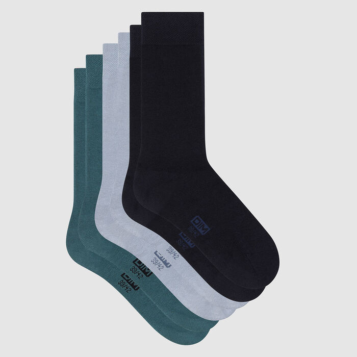 Pack of  3 pairs of men's socks cotton Blue Green Basic Cotton, , DIM