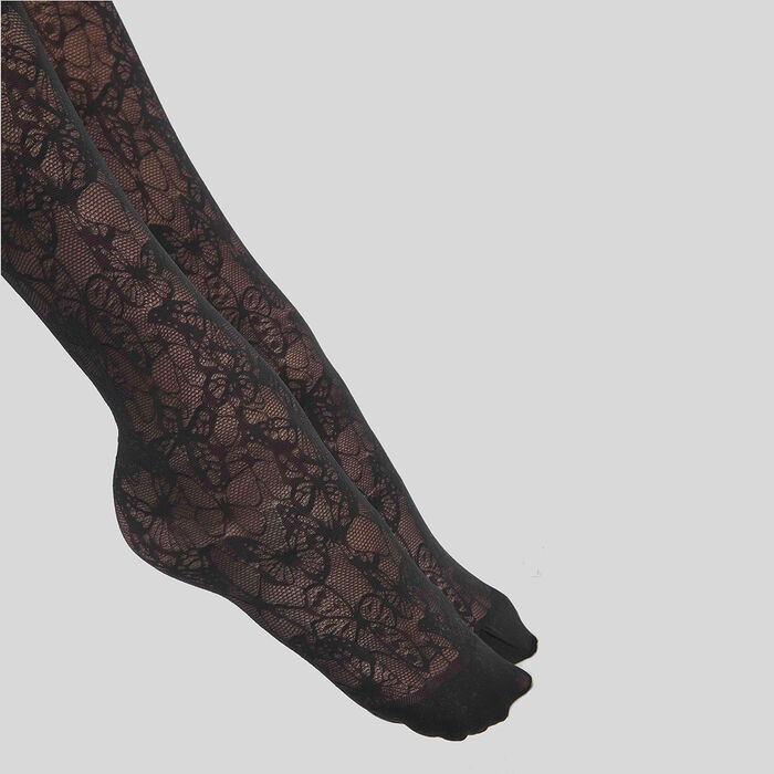 Dim Style women's tights in black sheer veil with herringbone patterns