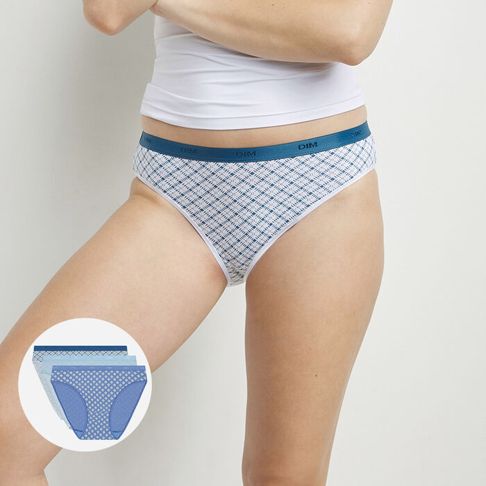 Pack of 3 blue stretch cotton thongs with geometric patterns Les Pockets