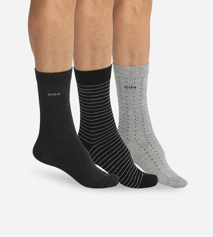 Pack of 3 pairs of men’s black and charcoal dotty & striped socks, , DIM