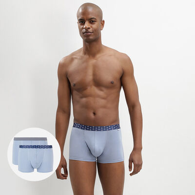 Mix and Print 2 pack stretch cotton trunks in ice blue with printed waistband, , DIM