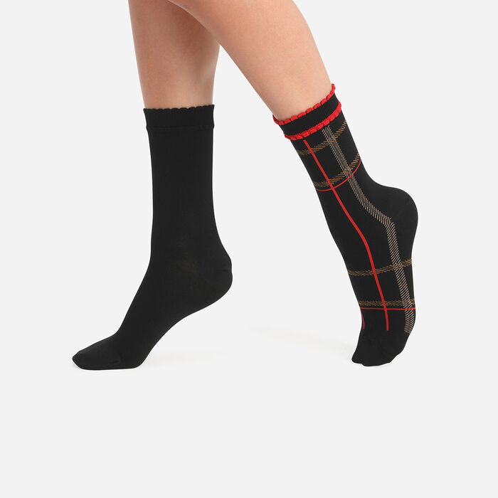 Pack of 2 Pairs of Women's Tartan Socks Red Black Cotton Style, , DIM