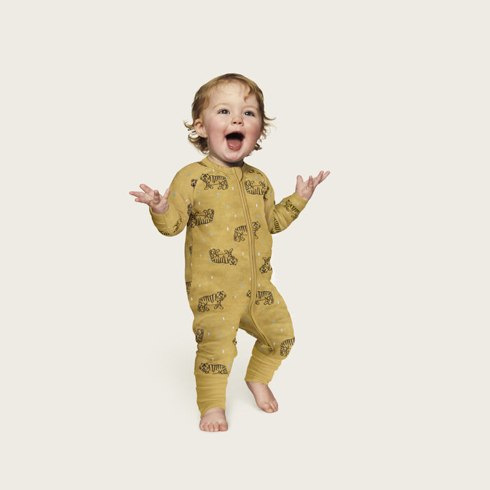 Dim baby Tiger pattern yellow Velvet pyjamas with two-way zip, , DIM