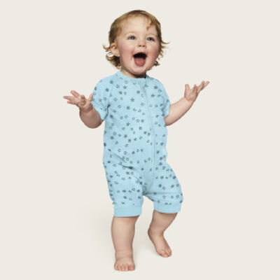 Dim Light blue cotton stretch baby romper with zip and star shower, , DIM