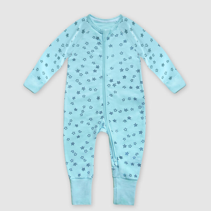 Hellblauer Baby-Pyjama mit Reißverschluss und Sternenregen-Druck aus Stretch-Baumwolle, , DIM