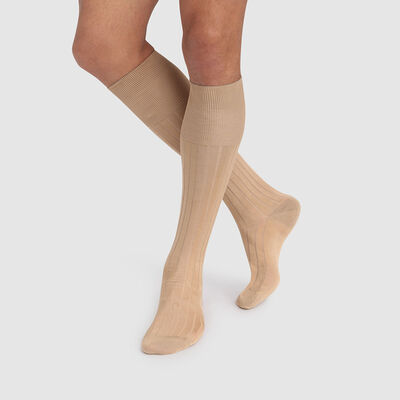 Men's long socks in flax beige colour, made from Scottish mercerized cotton, , DIM
