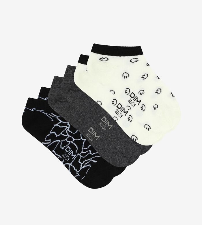 Pack of 3 pairs of black children's socks with smiley pattern Cotton Style, , DIM
